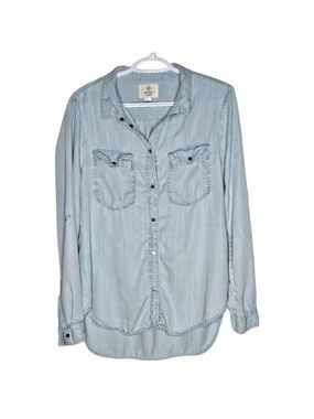 DYLAN Denim Shirt Women's Size Small Roll Up sleeves 100% Tencel Light Blue